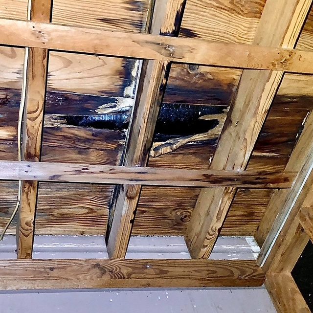 Daylight showing through damaged roof decking, seen from inside