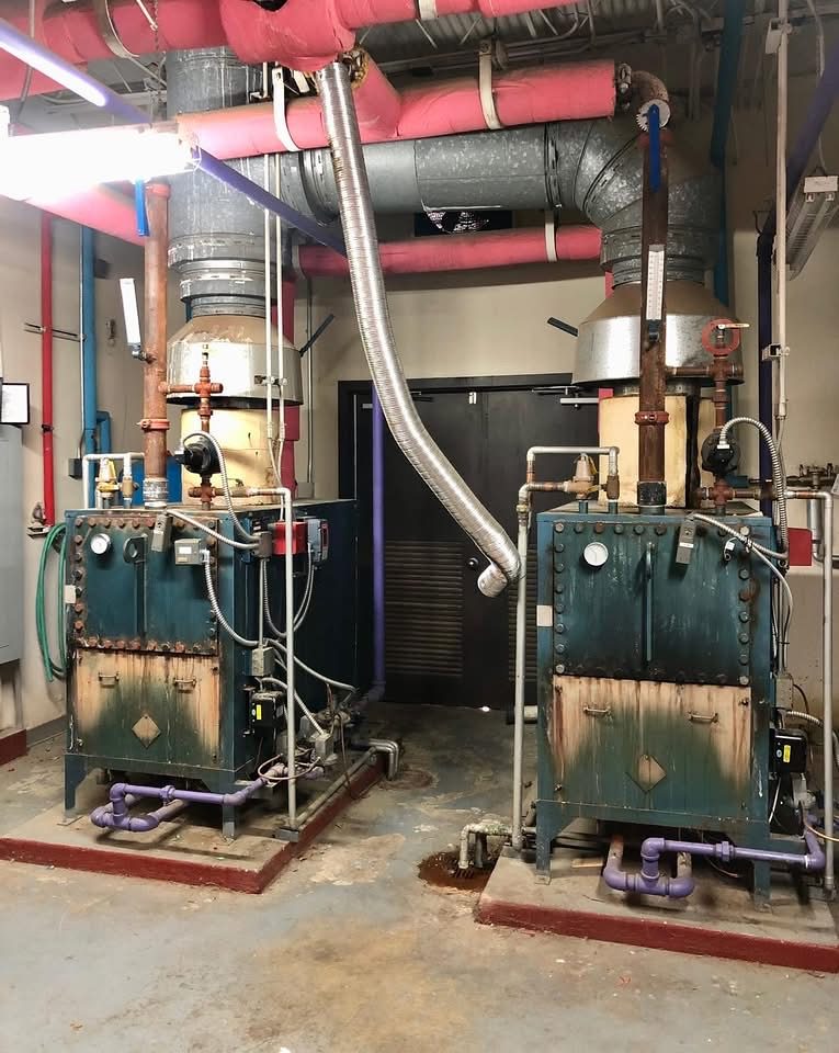 Commercial mechanical equipment in a plant room