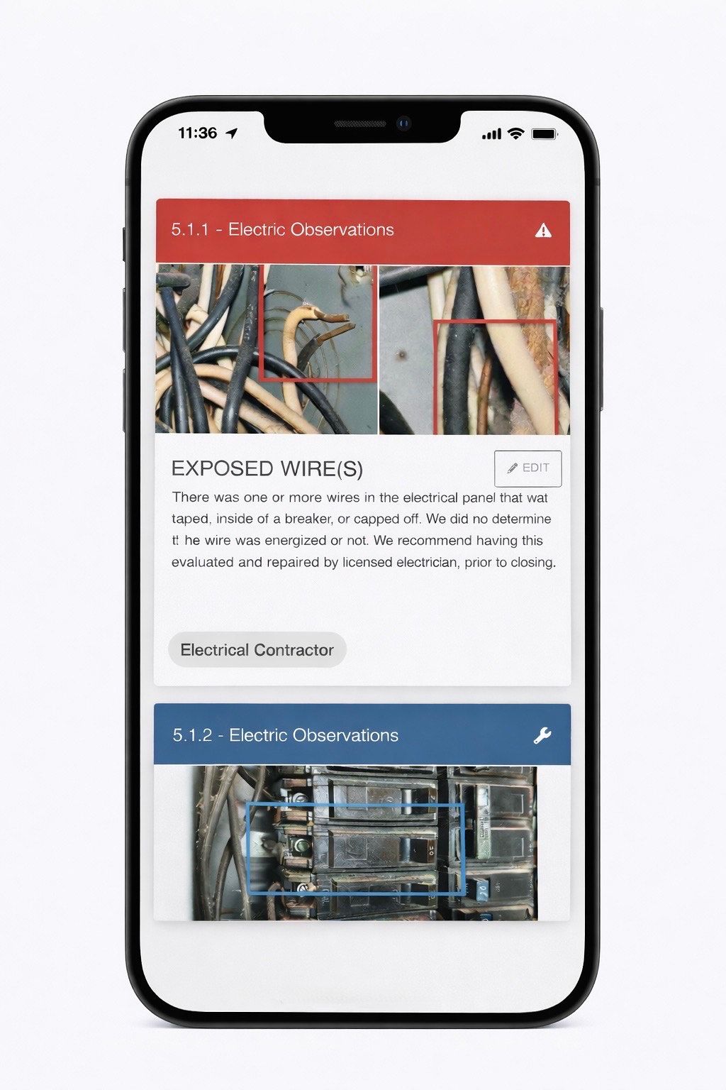 Inspection report photo detail shown on a phone