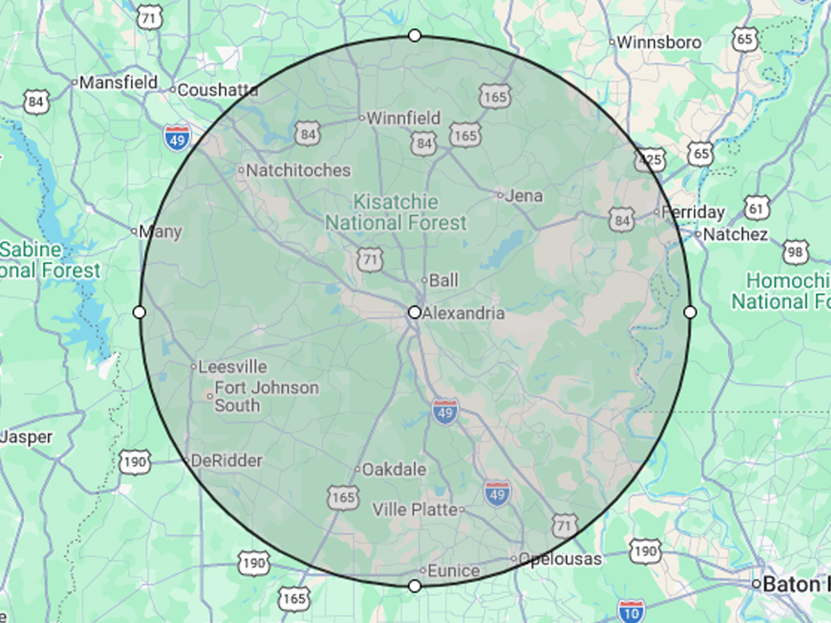 Service area map showing a 30 mile radius around Alexandria Louisiana including Ball, Pineville, Boyce, and Deville